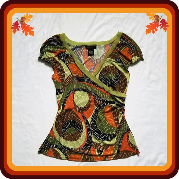 BCBGMaxAzria Brown Green Orange Wrap V-Neck Shirt - Picture 1 of 6